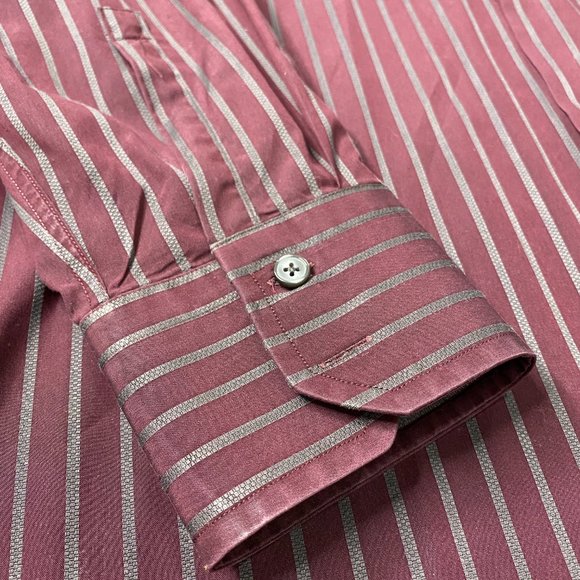 HUGO BOSS Men's Burgandy /Gray Stripe Long Sleeve Button Shirt 16 32/33 - Picture 5 of 10